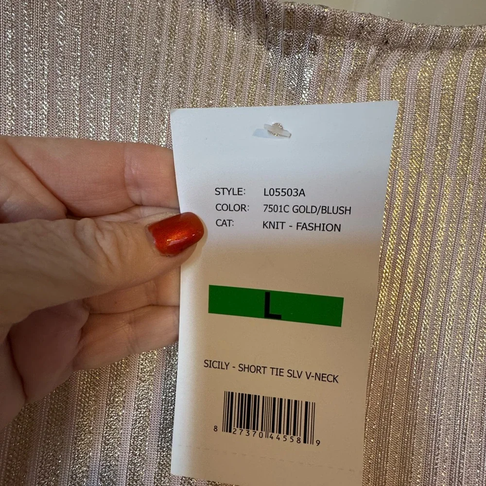 NWT  V-Neck BLUSH/GOLD  Shimmer Tie-Sleeve Top    LARGE    #K - Picture 8 of 9